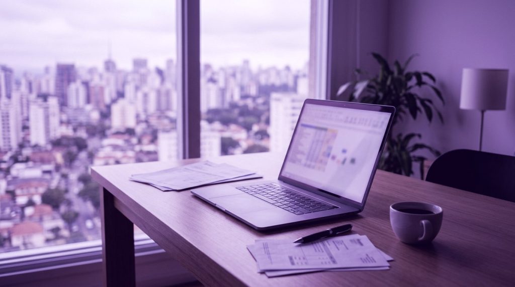 Mesa de escritório com notebook, notas fiscais de serviço impressas e vista da cidade ao fundo