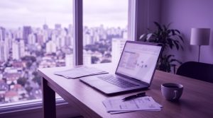 Mesa de escritório com notebook, notas fiscais de serviço impressas e vista da cidade ao fundo